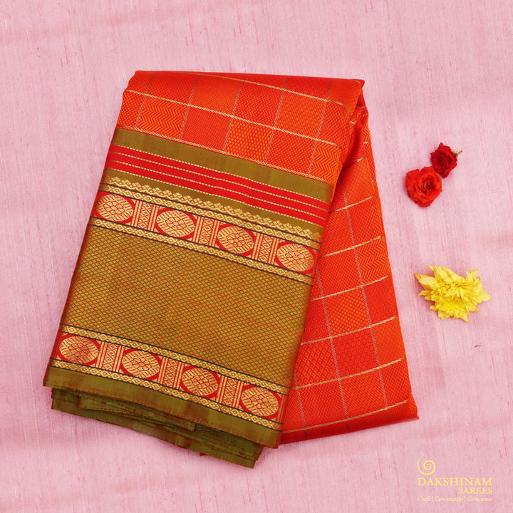 Handwoven Orange with Green Kanjivaram Silk Saree - 1882T006356DSC