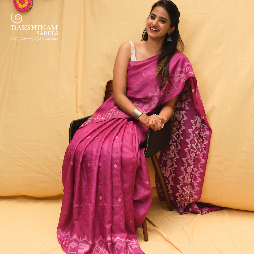 Pink Handwoven Tussar Silk Saree with Jamdani Floral Border and Star Buttas 3506T017326DSC