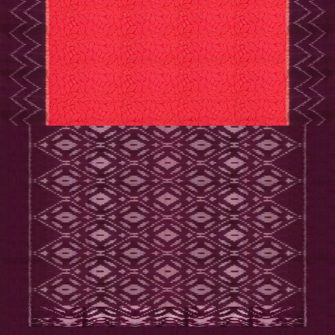 Pink handwoven Ikat soft silk saree with Banarasi floral motifs, violet Ikat border and diamond Ikat pallu