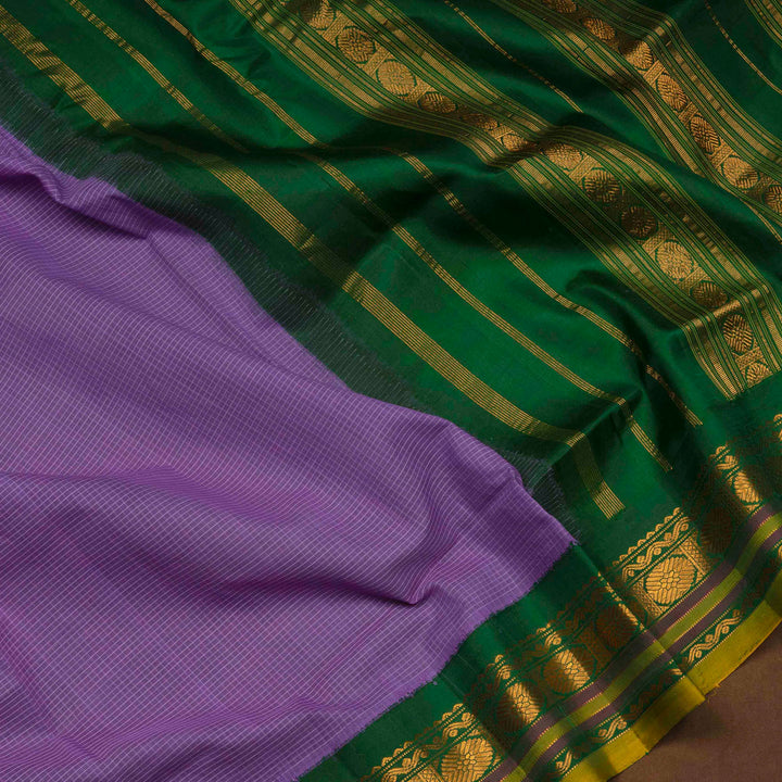 Violet checked Gadwal cotton saree with green Korvai silk border, gold zari Rudraksham motifs and green pallu