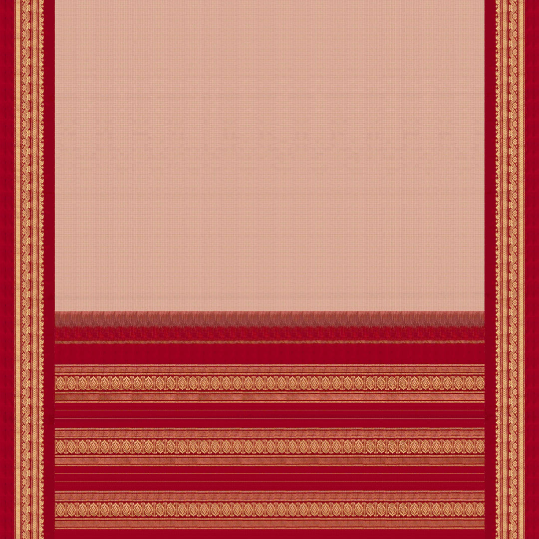 Beige checked Gadwal cotton saree with red Korvai silk border, gold zari floral motifs and red pallu