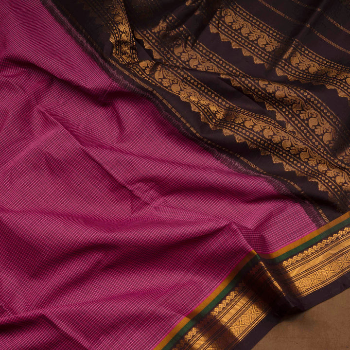 Violet checked Gadwal cotton saree with coffee brown Korvai silk border, gold zari diamond motifs and silk pallu