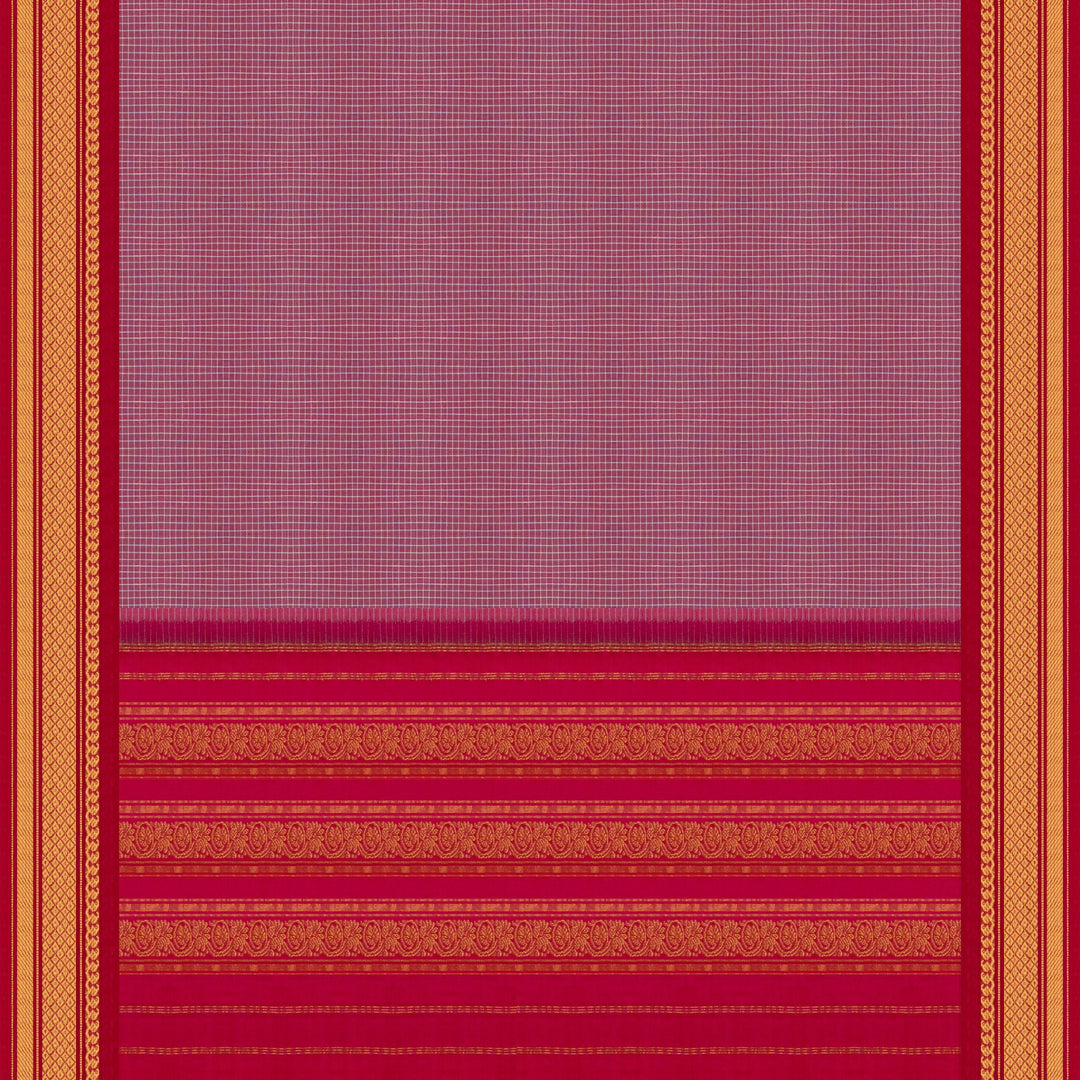 Violet checked Gadwal cotton saree with pink Korvai silk border, gold zari diamond motifs and pink silk pallu