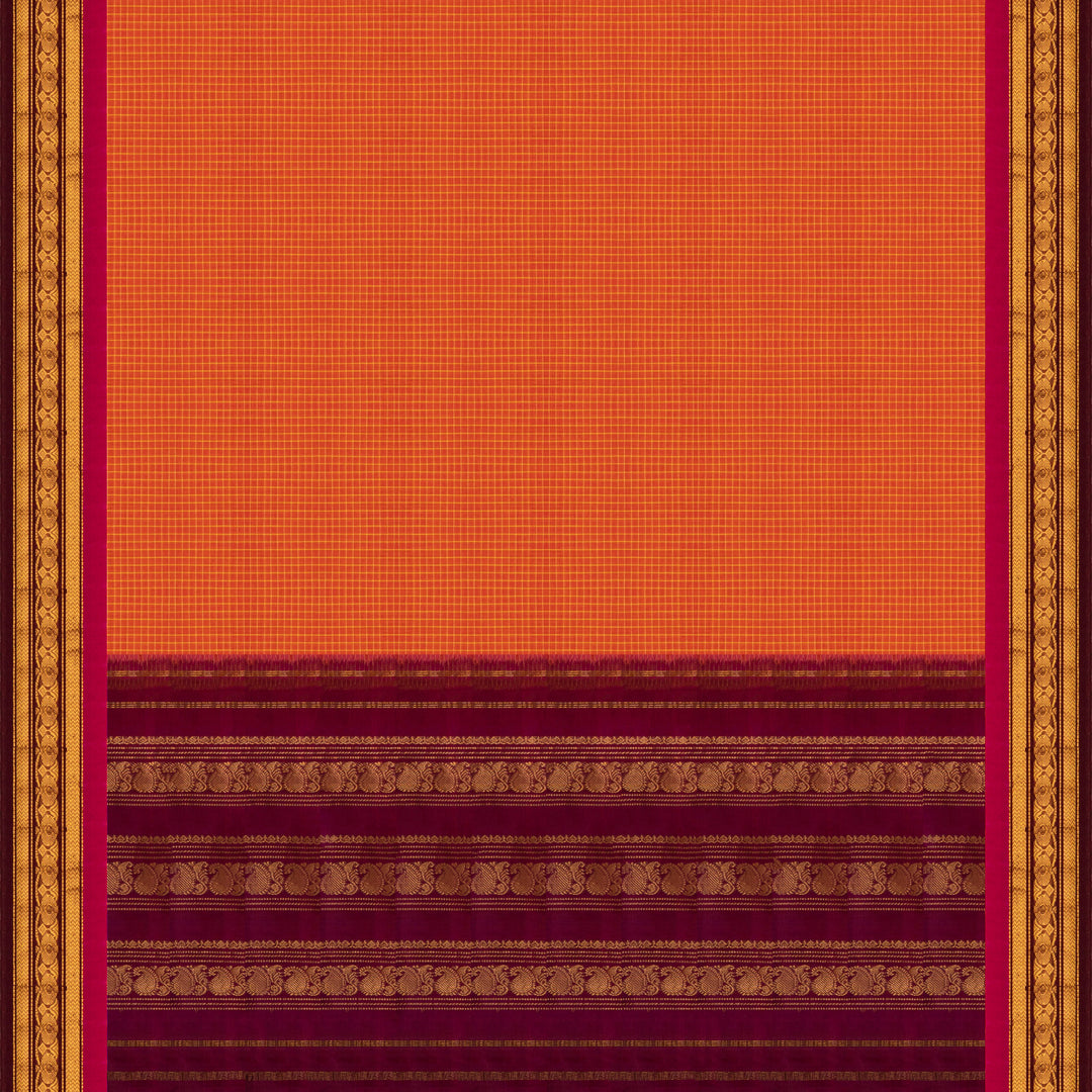 Orange Gadwal cotton saree with white checks, magenta silk border, gold zari floral motifs and striped pallu