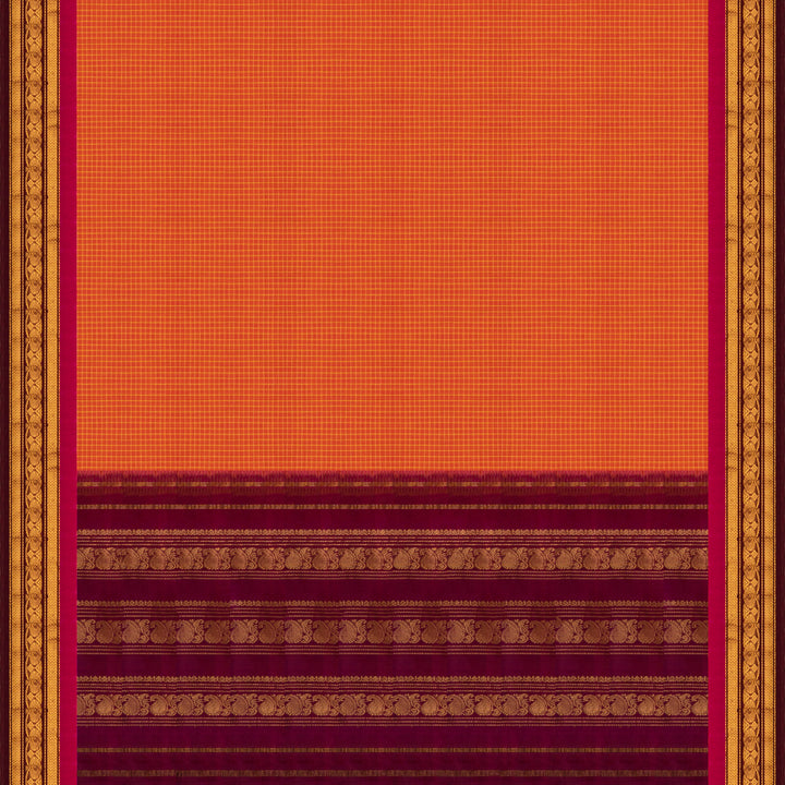 Orange Gadwal cotton saree with white checks, magenta silk border, gold zari floral motifs and striped pallu
