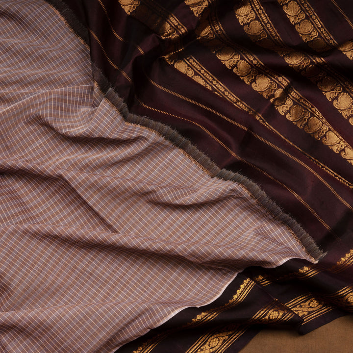 Grey Gadwal cotton saree with brown stripes, coffee brown silk border, gold zari motifs and silk pallu