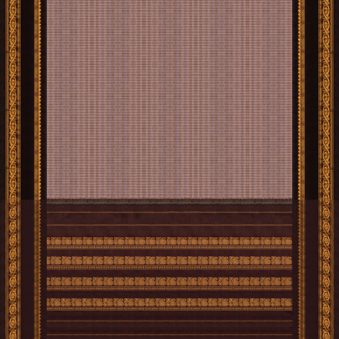 Grey Gadwal cotton saree with brown stripes, coffee brown silk border, gold zari motifs and silk pallu