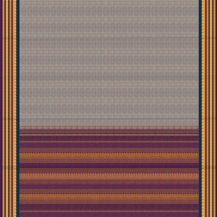 Grey Gadwal cotton saree with white checks, peacock green silk border, gold zari mango motifs and violet silk pallu