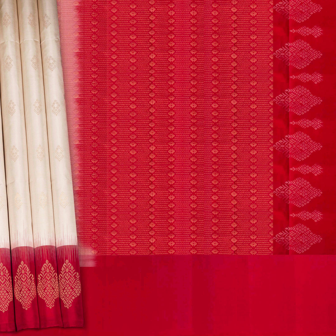White Handwoven Soft Silk Saree with Red Gold Zari Border and Diamond Motifs 3531T017129DSC