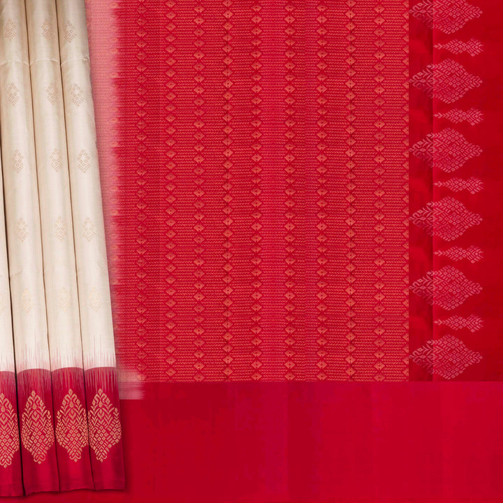White Handwoven Soft Silk Saree with Red Gold Zari Border and Diamond Motifs 3531T017129DSC