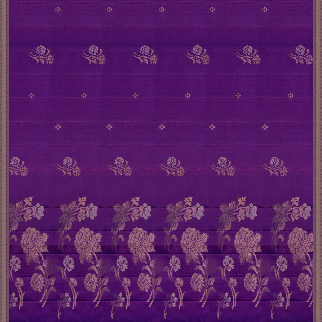Violet handwoven soft silk saree with gold zari diamond buttas, floral motifs and rose gold zari pallu