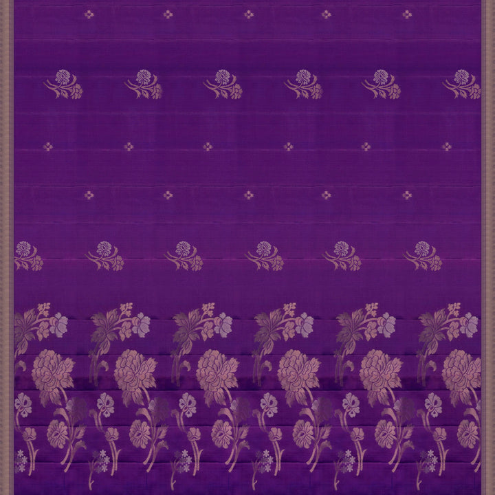 Violet handwoven soft silk saree with gold zari diamond buttas, floral motifs and rose gold zari pallu