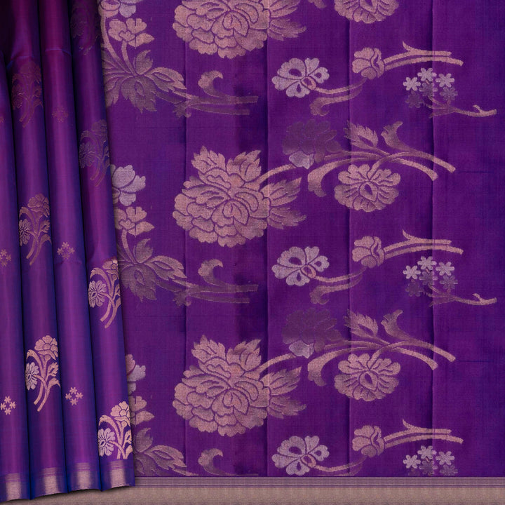 Violet handwoven soft silk saree with gold zari diamond buttas, floral motifs and rose gold zari pallu