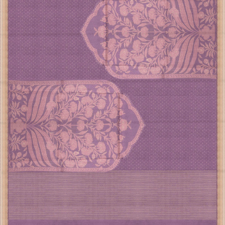 Lavender handwoven Moonga silk saree with light pink floral print, silver zari border and striped pallu