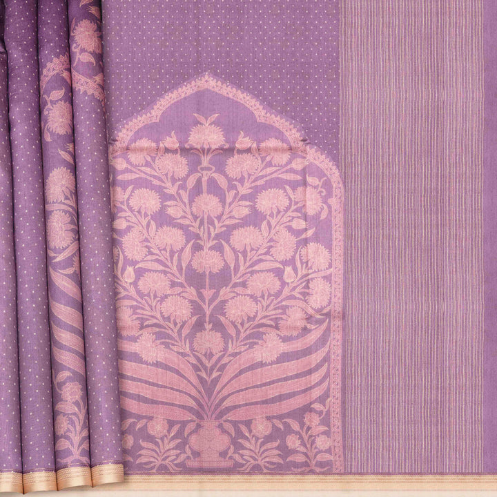 Lavender handwoven Moonga silk saree with light pink floral print, silver zari border and striped pallu