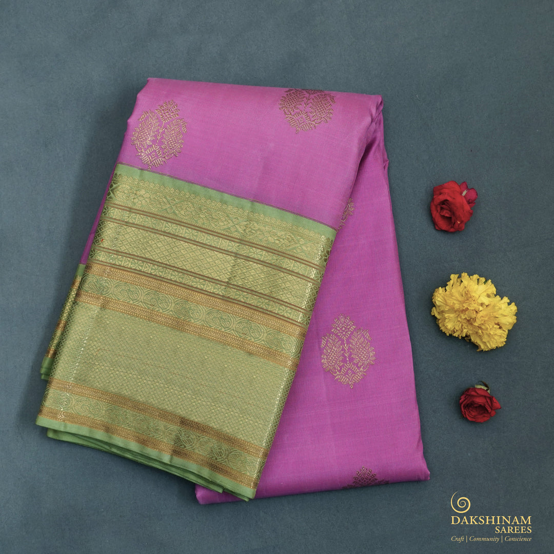 Handwoven Pink with Green Kanjivaram Silk Saree - 1896T005707DSC