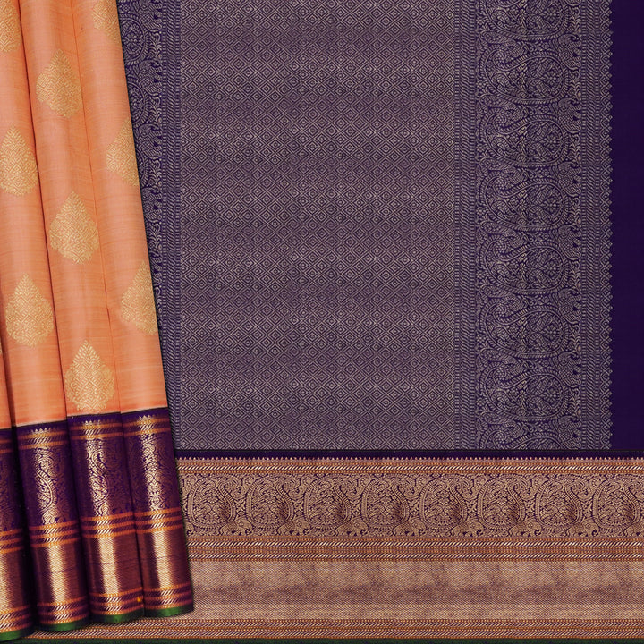 Handwoven Peach with Purple Kanjivaram Silk Saree - 1910T005692DSC