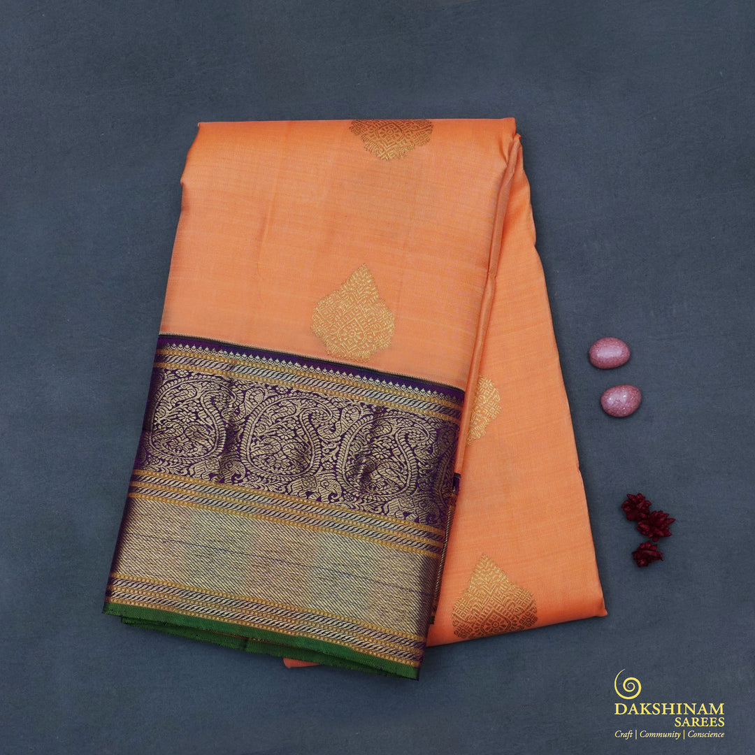 Handwoven Peach with Purple Kanjivaram Silk Saree - 1910T005692DSC