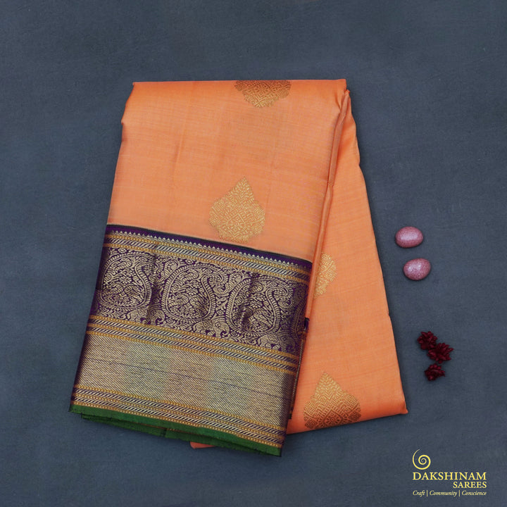 Handwoven Peach with Purple Kanjivaram Silk Saree - 1910T005692DSC