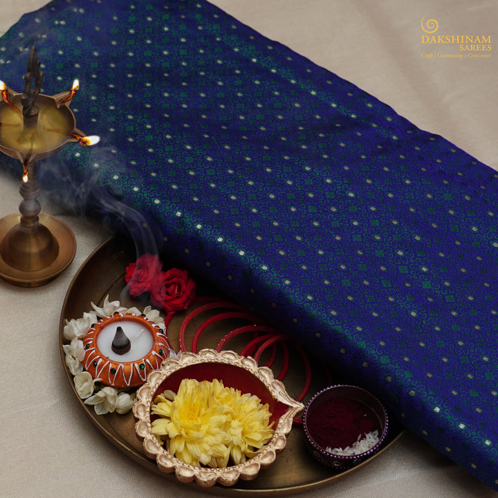 Handwoven Peacock Blue Banarasi Tanchoi Fabric - 46T004676DSC