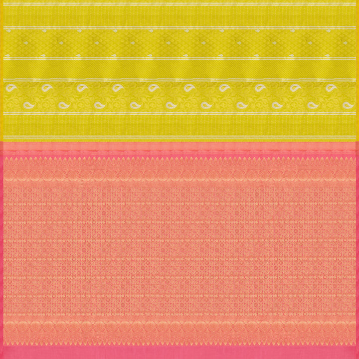 Handwoven Yellow with Pink Kanjivaram Silk Saree - 2015T009634DSC