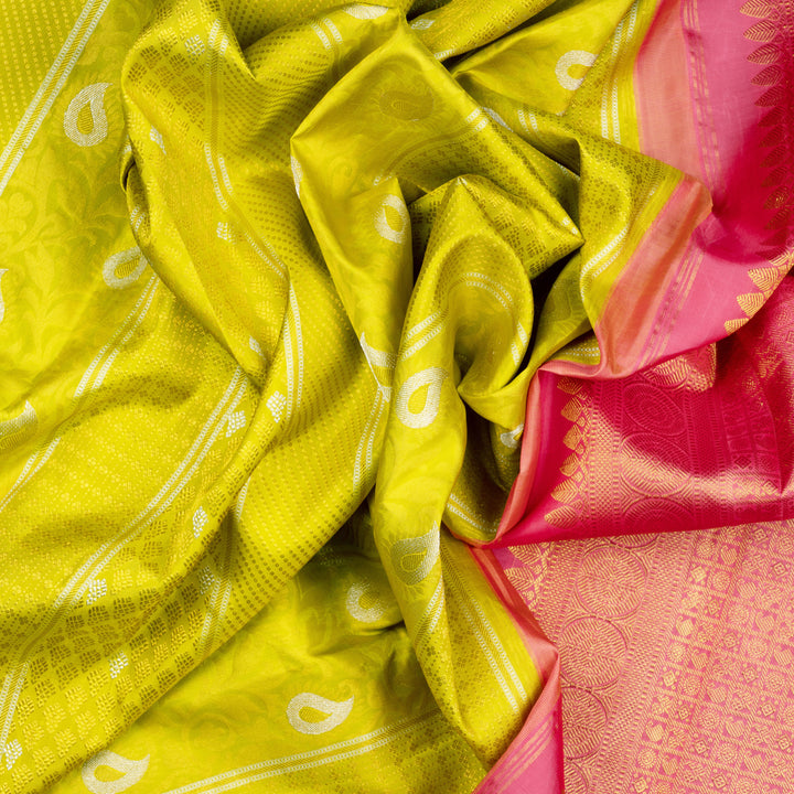 Handwoven Yellow with Pink Kanjivaram Silk Saree - 2015T009634DSC