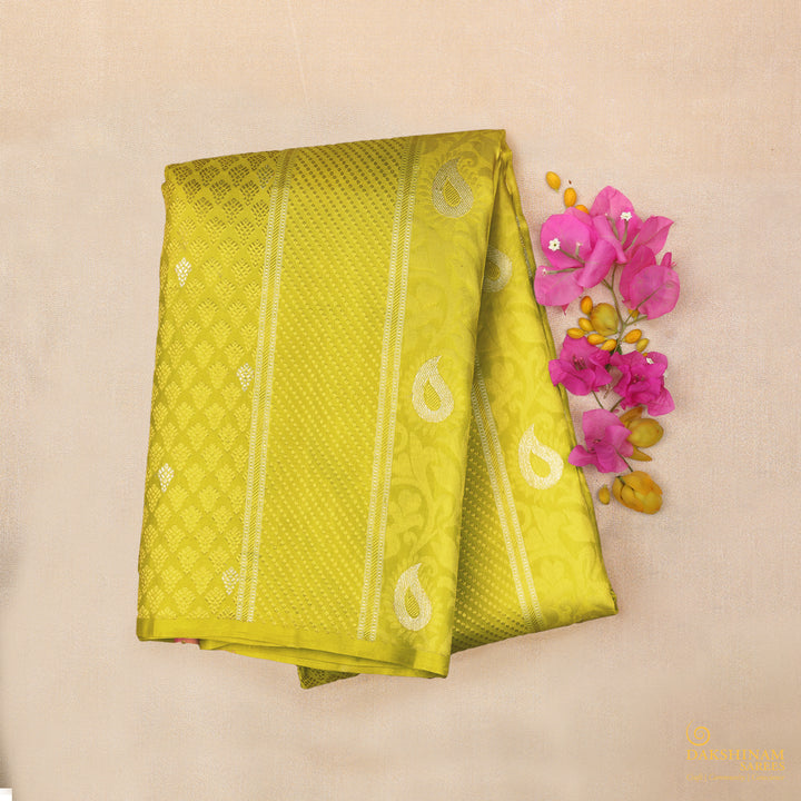 Handwoven Yellow with Pink Kanjivaram Silk Saree - 2015T009634DSC