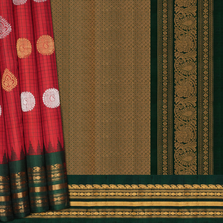 Handwoven Red with Green Gadwal Silk Saree - 2034T010269DSC