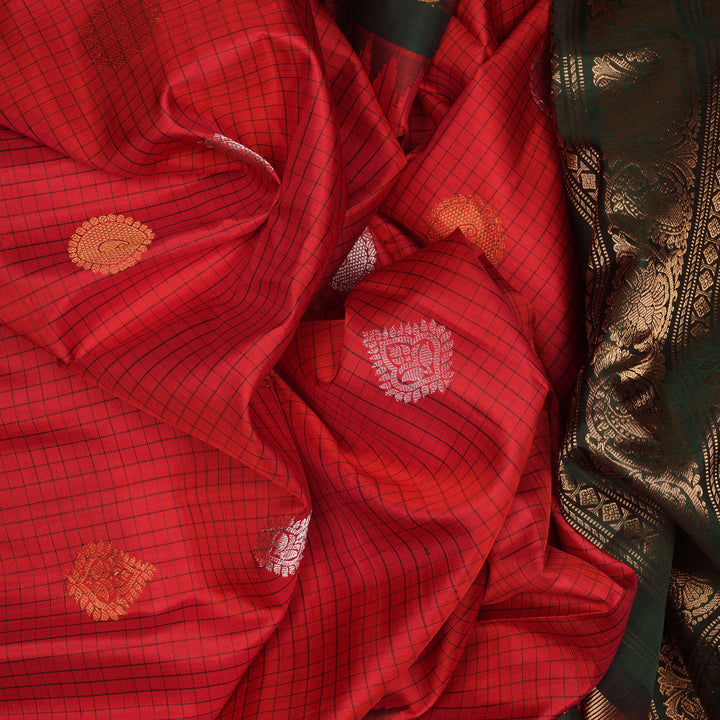 Handwoven Red with Green Gadwal Silk Saree - 2034T010269DSC