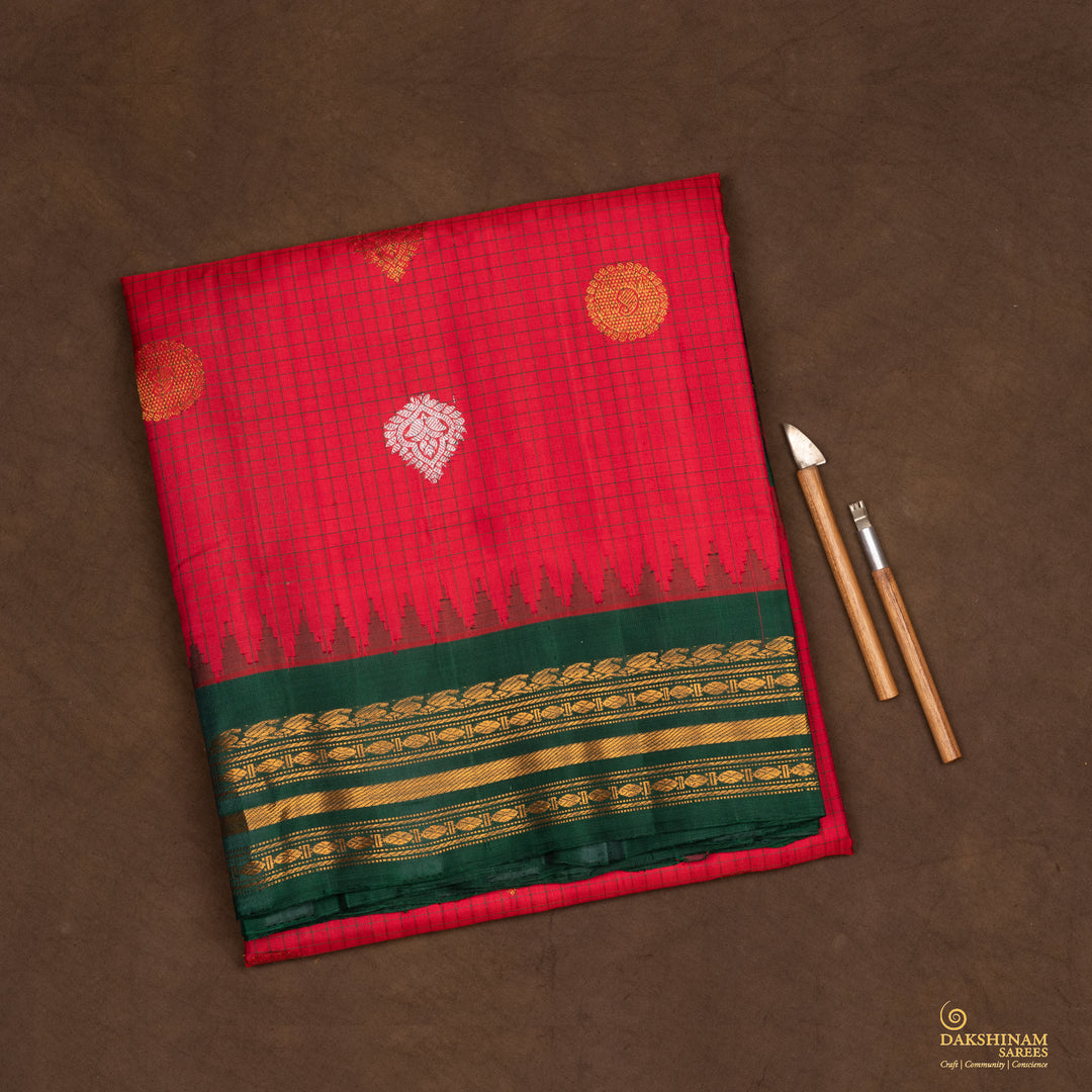 Handwoven Red with Green Gadwal Silk Saree - 2034T010269DSC