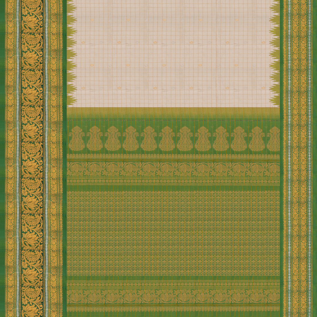 Handwoven Off-white with Green Gadwal Silk Saree - 2010T010272DSC