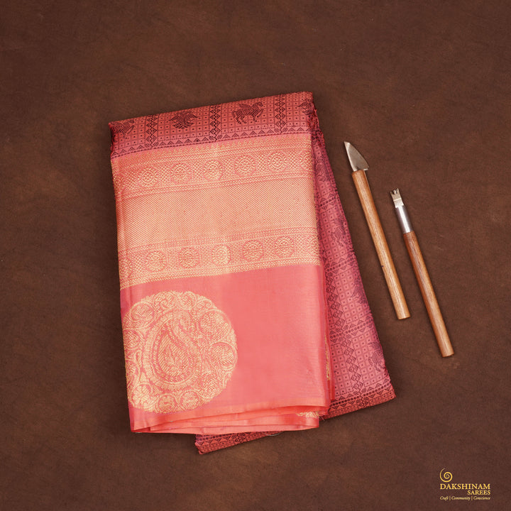 Handwoven Pink with Green Kanjivaram Silk Saree - 2040T010407DSC