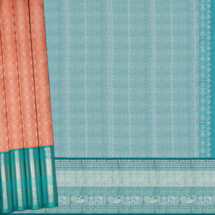 Handwoven Peach with Blue Kanjivaram Silk Saree - 2049T007174DSC