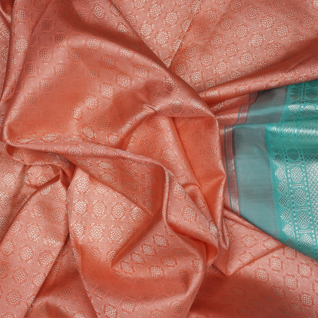 Handwoven Peach with Blue Kanjivaram Silk Saree - 2049T007174DSC