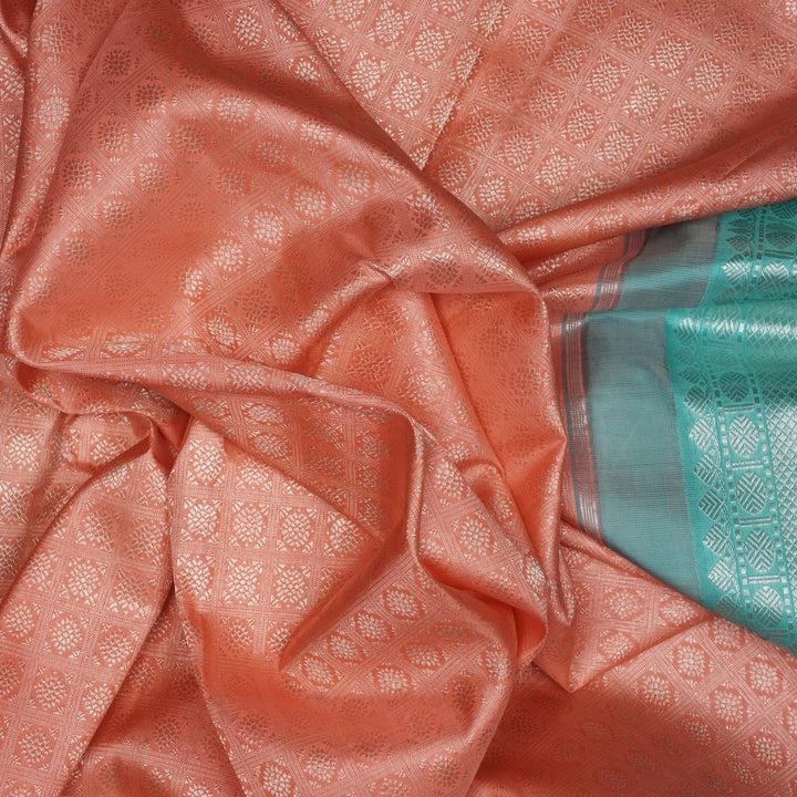 Handwoven Peach with Blue Kanjivaram Silk Saree - 2049T007174DSC