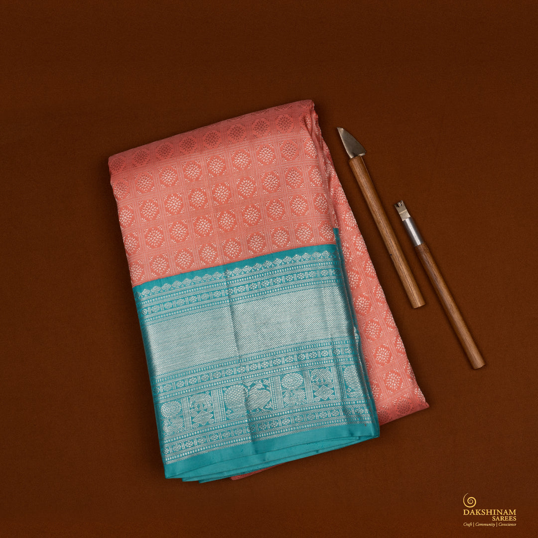 Handwoven Peach with Blue Kanjivaram Silk Saree - 2049T007174DSC