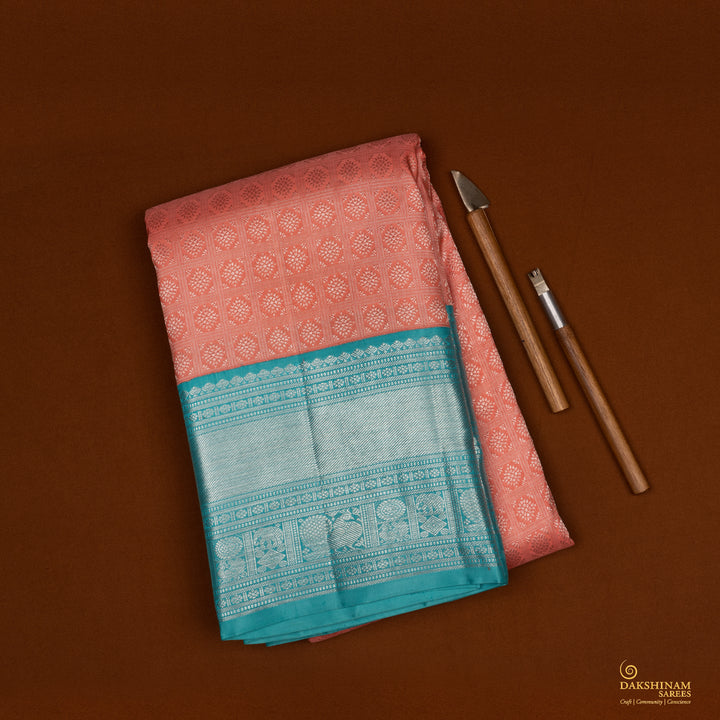 Handwoven Peach with Blue Kanjivaram Silk Saree - 2049T007174DSC