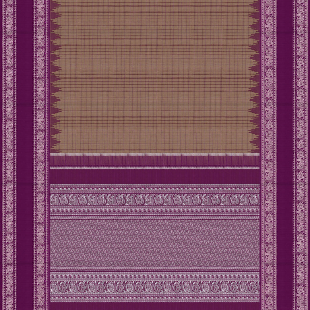 Handwoven Beige with Violet Kanchipuram Silk Cotton Saree - 2180T010890DSC
