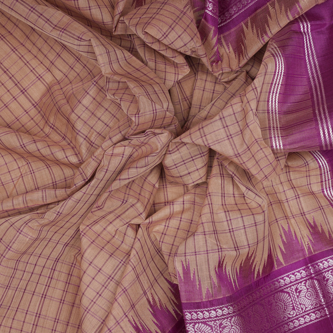 Handwoven Beige with Violet Kanchipuram Silk Cotton Saree - 2180T010890DSC