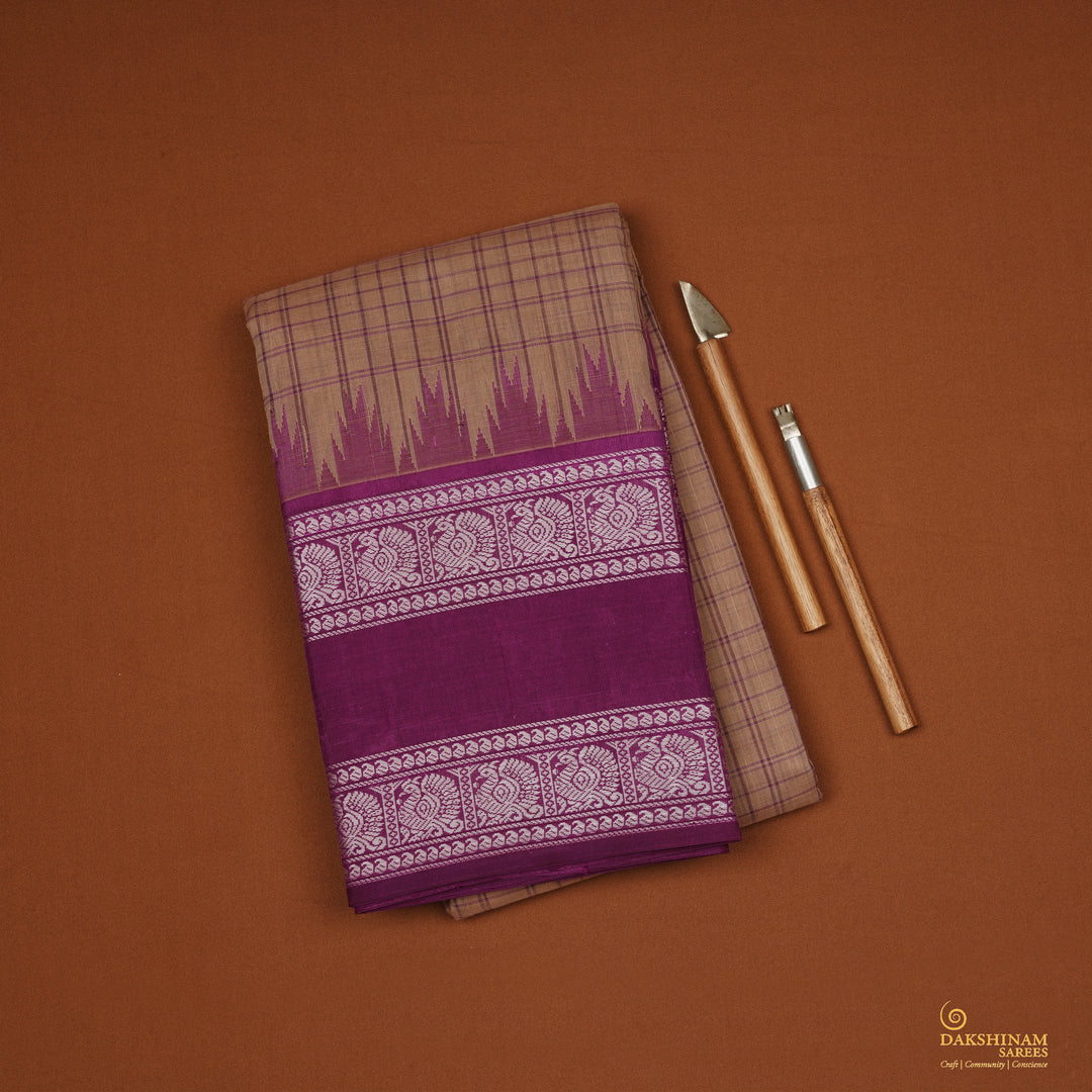 Handwoven Beige with Violet Kanchipuram Silk Cotton Saree - 2180T010890DSC