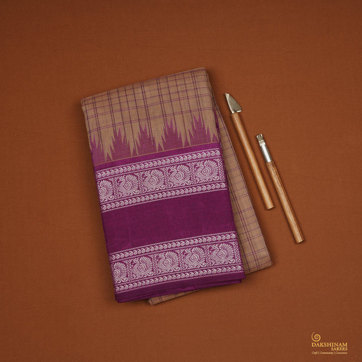 Handwoven Beige with Violet Kanchipuram Silk Cotton Saree - 2180T010890DSC