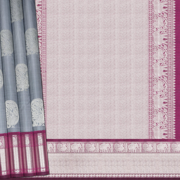 Handwoven Grey with Magenta Kanjivaram Silk Saree - 2231T010695DSC