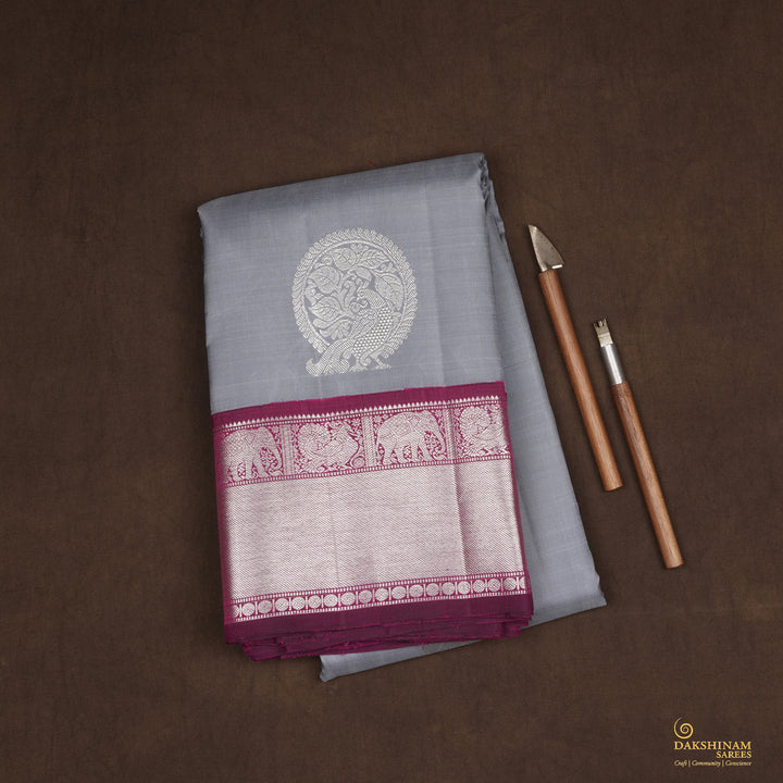 Handwoven Grey with Magenta Kanjivaram Silk Saree - 2231T010695DSC