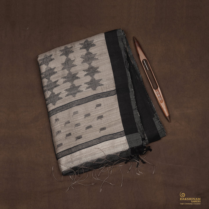 Handwoven Grey with Black Matka Silk Saree - 2238N027967DSC