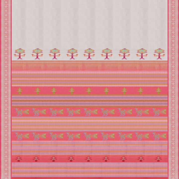 Handwoven White with Pink Kanjivaram Silk Saree - 2253T010704DSC