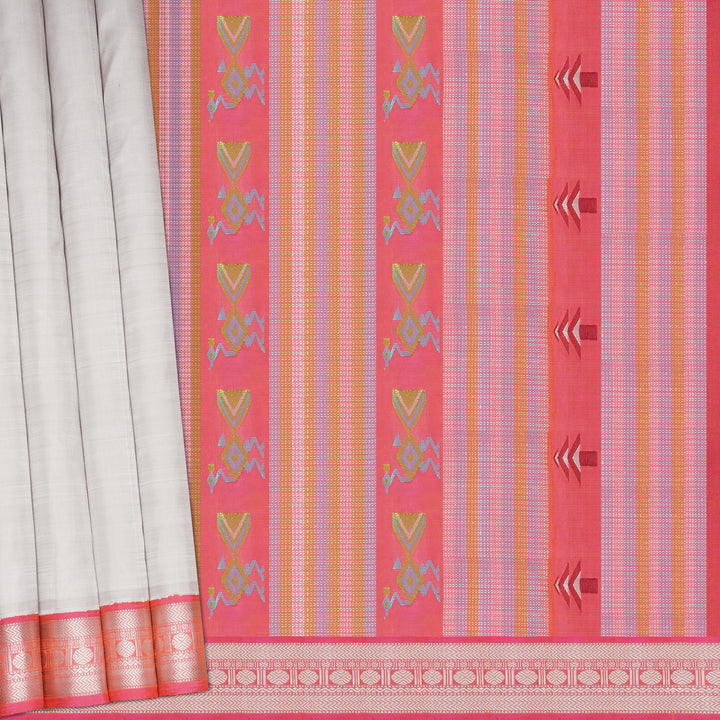 Handwoven White with Pink Kanjivaram Silk Saree - 2253T010704DSC