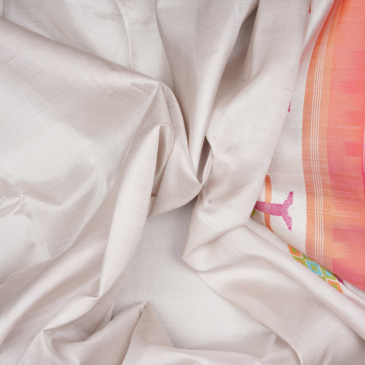 Handwoven White with Pink Kanjivaram Silk Saree - 2253T010704DSC