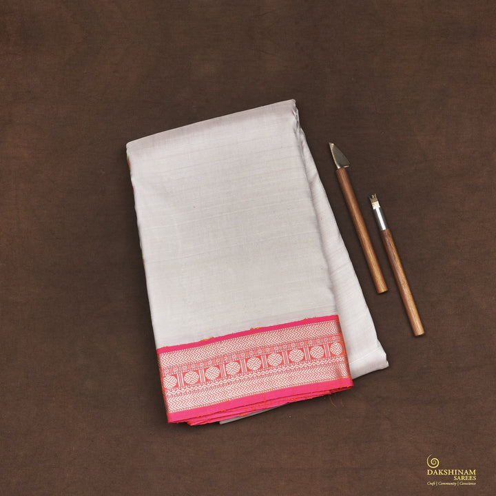 Handwoven White with Pink Kanjivaram Silk Saree - 2253T010704DSC