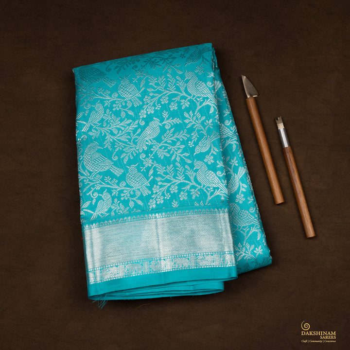 Handwoven Blue with Mustard Kanjivaram Silk Saree - 2490T010694DSC