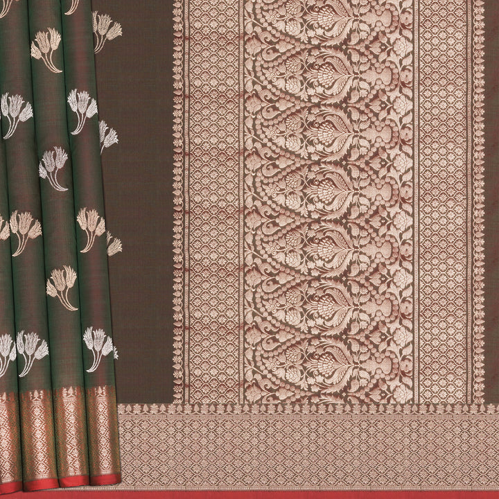 Handwoven Dual toned Moss with Maroon Banarasi Silk Saree - 2421N028504DSC